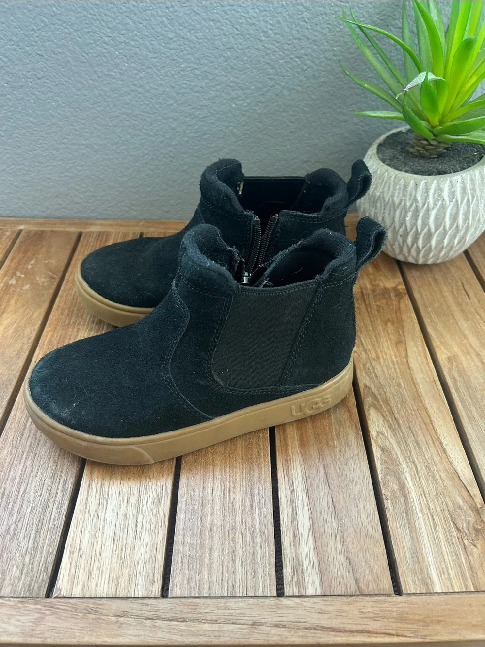 UGG Kids Black Suede Boots with Tan Sole